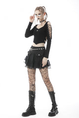 Black Long Sleeves Irregular Strappy Bat Women's Punk Crop Top - Product - 7