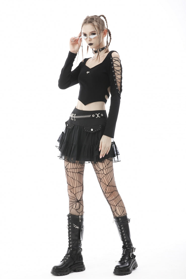 Black Long Sleeves Irregular Strappy Bat Women's Punk Crop Top - Product - 7