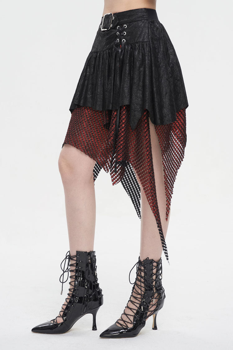 Red/Black Lrregular Mesh Splice Buckle Women's Gothic Skirt - Product - 4