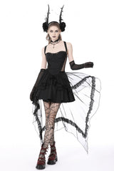 Black Sleeveless Lace-Up Layered Swallowtail Lace Women's Gothic Wedding Dress - Product - 6