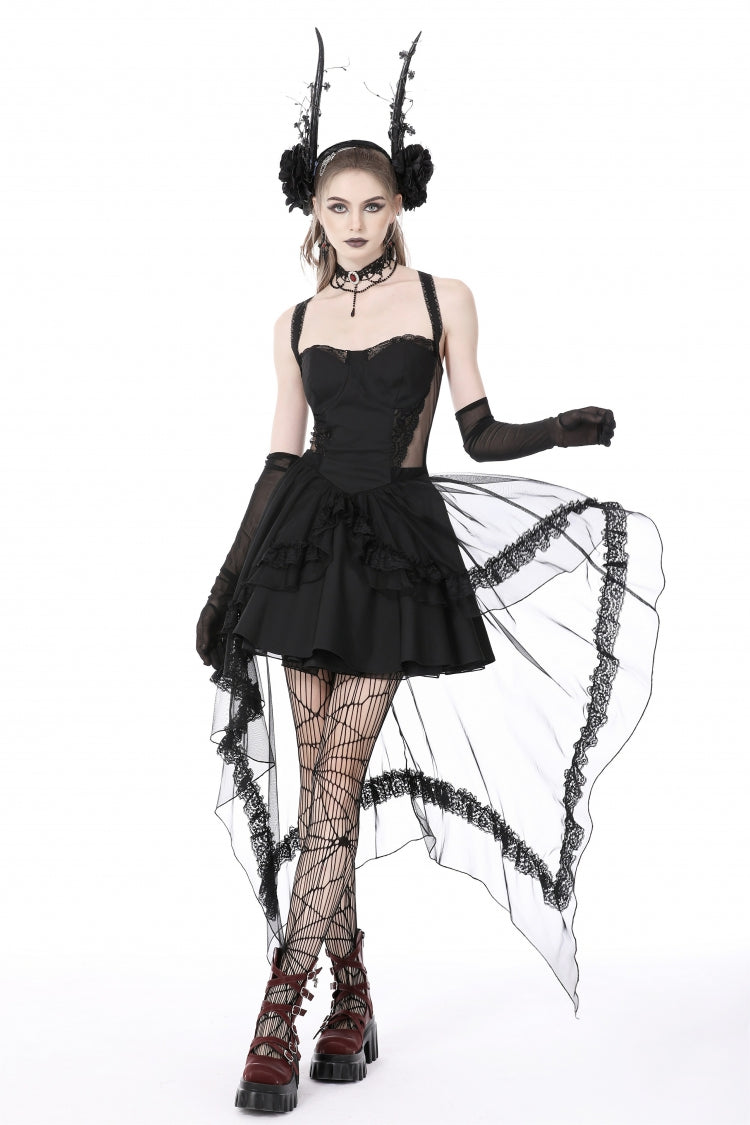 Black Sleeveless Lace-Up Layered Swallowtail Lace Women's Gothic Wedding Dress - Product - 6