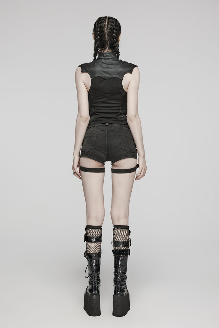 Black Sleeveless Hollow Stretch Knitted Stitching Womens Bat Wings Steampunk Vest - Product - 4