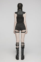 Black Sleeveless Hollow Stretch Knitted Stitching Womens Bat Wings Steampunk Vest - Product - 4