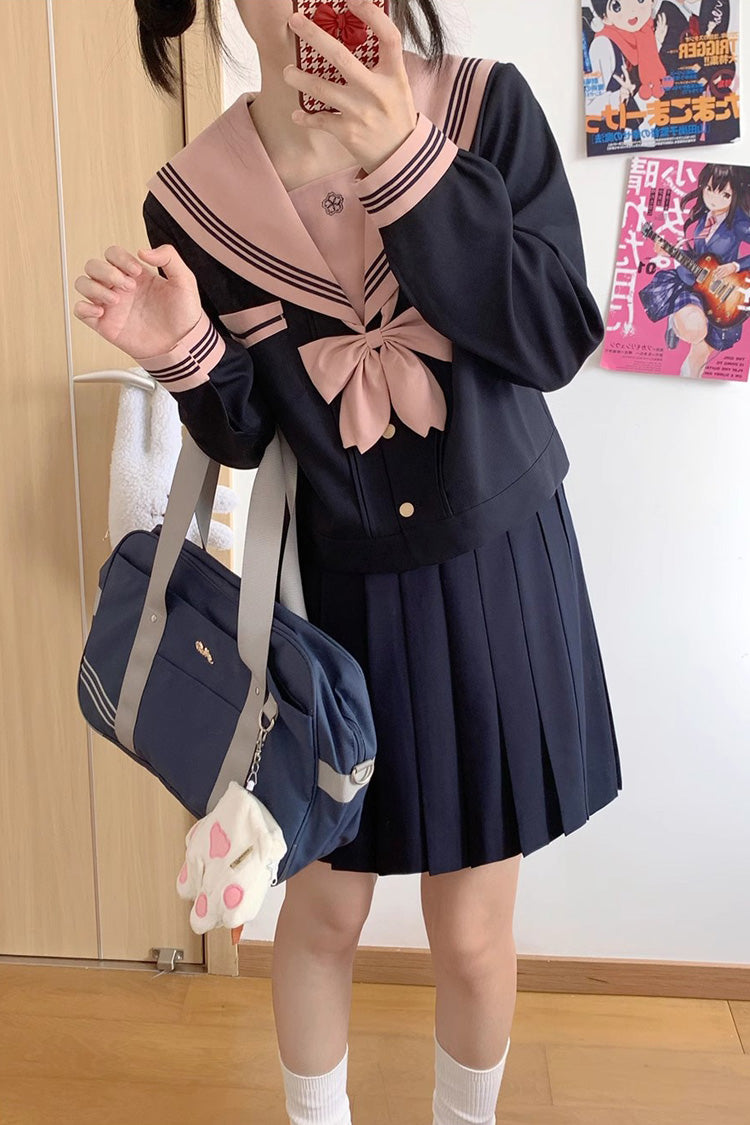 Dark Blue Sailor Collar Long Sleeves Sweet Japanese School Skirt Set - Product - 4