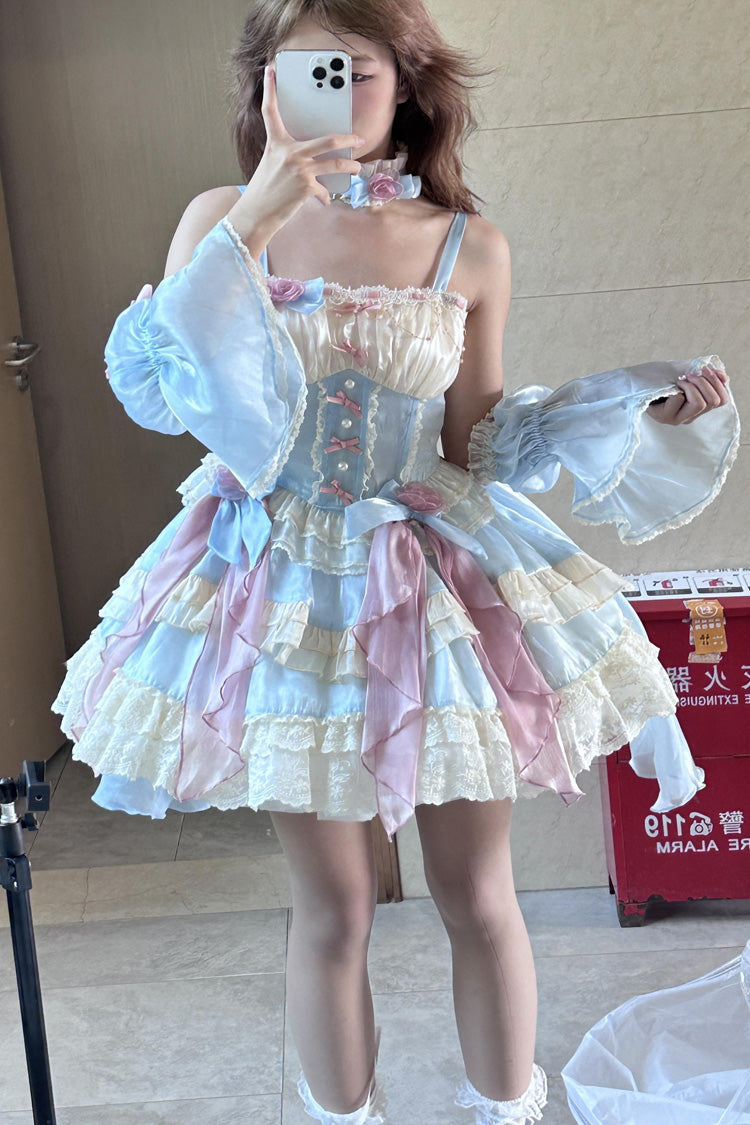 Blue [Heartbeat] Multi-Layered Ruffle Bowknot Lace Sweet Princess Lolita Jsk Dress - Blue - 1