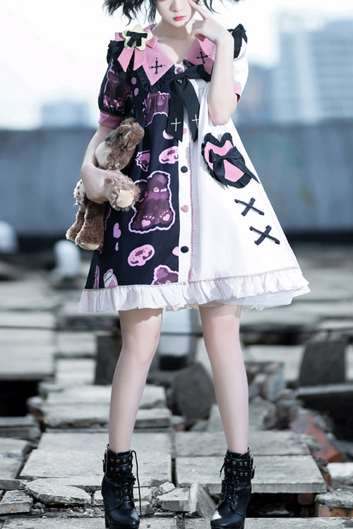 Multi-Color Lapel Collar Short Sleeve Single Breasted Bear Print Sweet Lolita Dress - Multi-Color - 1