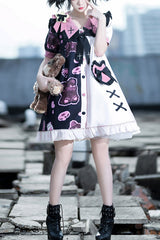 Multi-Color Lapel Collar Short Sleeve Single Breasted Bear Print Sweet Lolita Dress - Multi-Color - 1