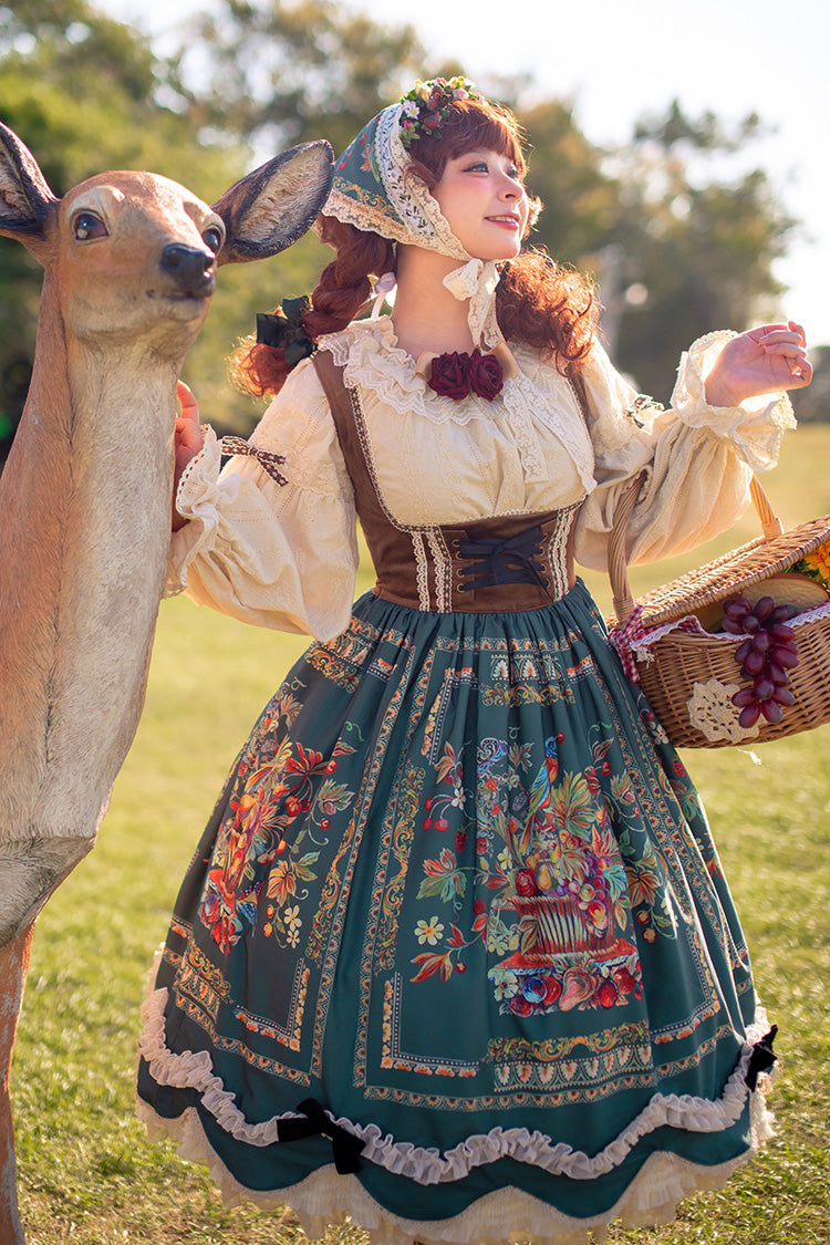 Green [Ode to Plenty] Berries and Birds Print Ruffle Bowknot Velvet Classic Lolita Breast Support Jsk Dress - Green - 1