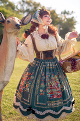 Green [Ode to Plenty] Berries and Birds Print Ruffle Bowknot Velvet Classic Lolita Breast Support Jsk Dress - Green - 1
