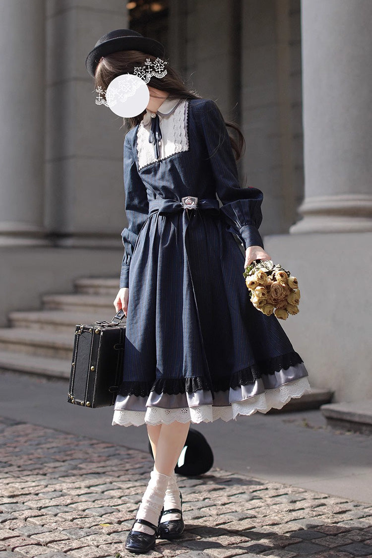 Dark Blue [Phyllis] Plaid Print Ruffle Bowknot Lace Vintage Elegant Lolita Dress - Product - 10