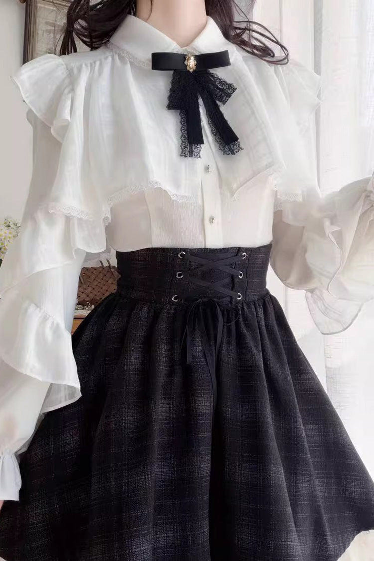 Black/White Long Sleeves Plaid Printed Lace Lace-Up Sweet Jirai Kei Skirt Set - Product - 10