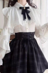 Black/White Long Sleeves Plaid Printed Lace Lace-Up Sweet Jirai Kei Skirt Set - Product - 10