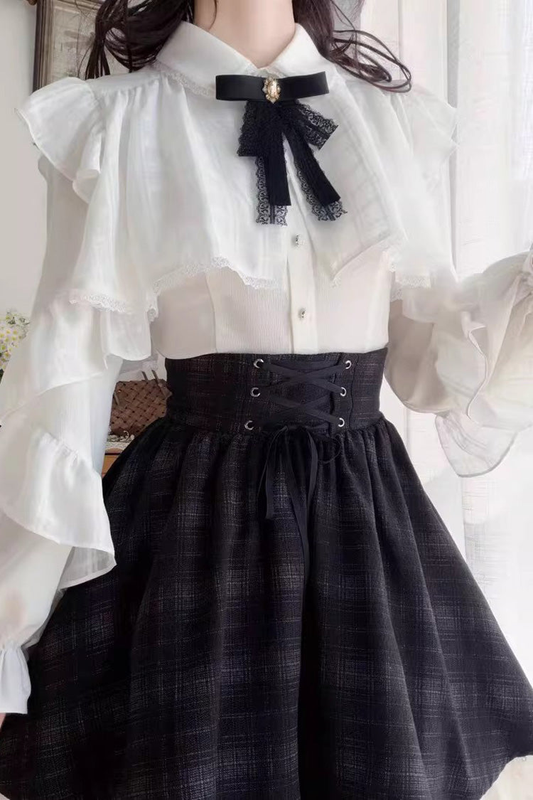 Black/White Long Sleeves Plaid Printed Lace Lace-Up Sweet Jirai Kei Skirt Set - Product - 10