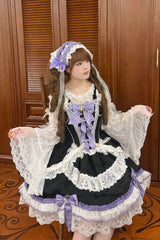 Black/Purple [Prelude of Ribbons] Square Collar Sleeveless Jacquard Ruffled Open-Front Bow Lace Pearl Detail Floral Wall Plus Size Sweet Lolita Jsk Dress - Product - 7