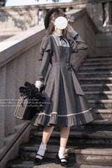 Grey Plaid Print Ruffle Bowknot Classic Vintage College Style Elegant Lolita Dress - Product - 9