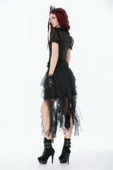 Black Deep V Collar Short Puff Sleeves Multi-Layered Ruffled Lace Sheer Women's Gothic Blouse - Product - 2