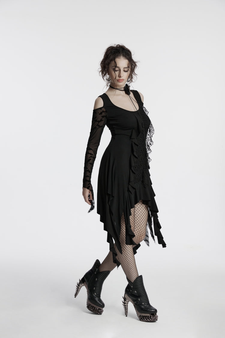 Black Off Shoulder Long Sleeves Spliced Irregular Mesh Pleated Eyelet Women's Gothic Witch Dress - Product - 5