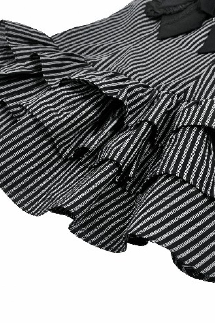 Black/Grey Navy Collar Sleeveless Bow Lace-Up Pinstripe Multi-Layered Ruffled Women's Gothic Dress - Product - 15