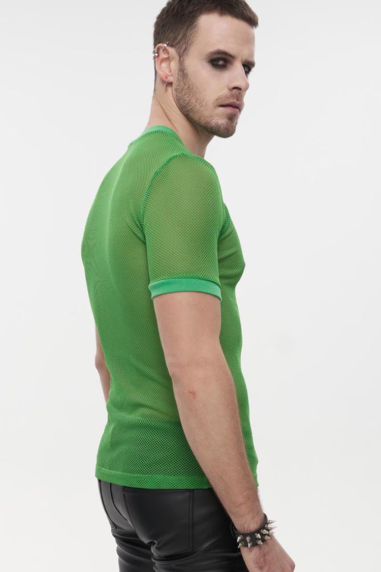 Green Gothic Crew Neck Diamond-Shaped Net Hyperelastic Short Sleeve Men's T-Shirt - Product - 3
