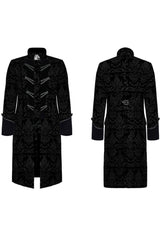 Black Punk Weft Velveteen Print Splicing Stand Collar Lacework Decorate Long Men's Coat - Product - 5