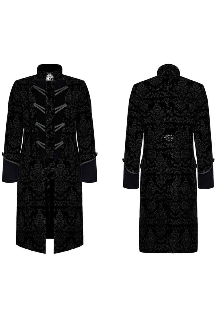 Black Punk Weft Velveteen Print Splicing Stand Collar Lacework Decorate Long Men's Coat - Product - 5