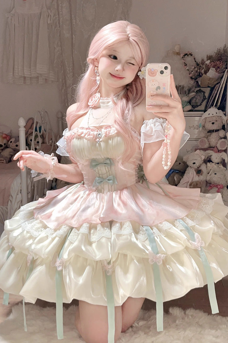 Pink/Green Love God's Promise Sleeveless Multi-layer Ruffle Sweet Elegant Princess Lolita Dress - Product - 2