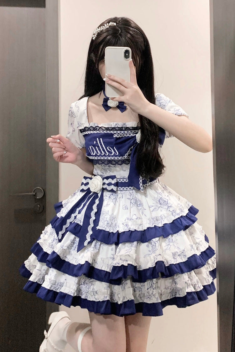 Blue/White Porcelain Print Multi-layer Ruffle Embroidery Bowknot Sweet Lolita Dress - Product - 3