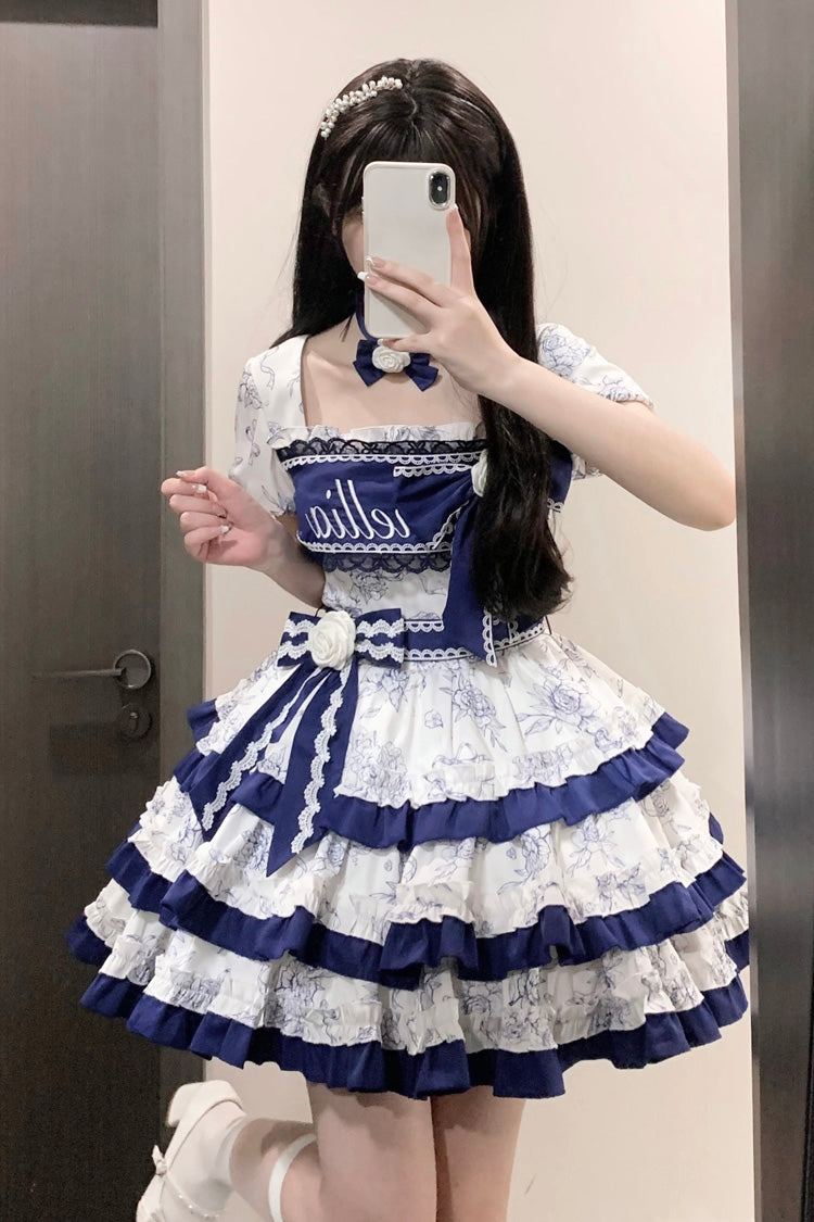 Blue/White Porcelain Print Multi-layer Ruffle Embroidery Bowknot Sweet Lolita Dress - Product - 3