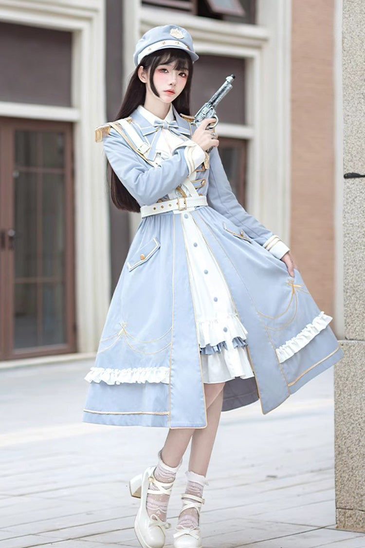 White/Blue Star Ocean Fantasy Cardigan Bowknot Stitching Sweet Military Lolita Dress - Product - 2