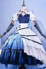 Blue/White [Arknights] Short Puff Sleeves Ruffle Cardigan Asymmetric Classic Anime Cosplay Lolita Dress Set - Blue/White - 1