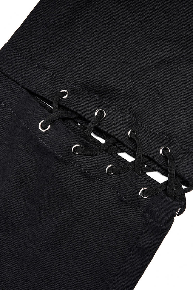 Black Hollow Lace Slim Detachable Belt Women's Steampunk Flared Leggings - Product - 8