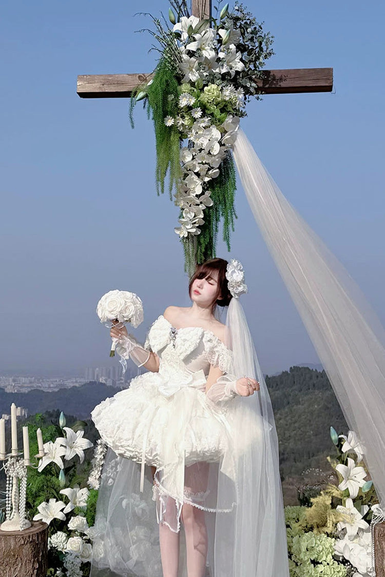 White [White Feather Promise] Sleeveless Multi-Layered Ruffled Hanayome Bow Lace Sweet Lolita Jsk Dress - Product - 10