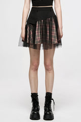 Pink/Black Cotton Splicing Mesh Sweet Plaid Personalized Pocket Decoration Waist Punk Women's Short Skirt - Pink/Black - 1