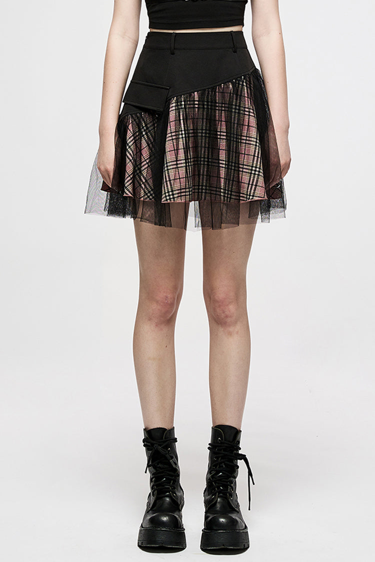 Pink/Black Cotton Splicing Mesh Sweet Plaid Personalized Pocket Decoration Waist Punk Women's Short Skirt - Pink/Black - 1