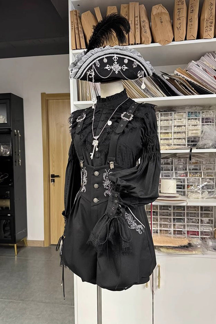 Pirate Series Navigation Treasure Hunting Guide High Waisted Embroidery Ouji Handsome Lolita Shorts 2 Colors - Black - 1