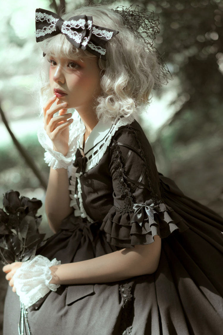 Black Short Sleeves High Waisted Bowknot Ruffled Multi-Layer Gothic Lolita Op Dress - Product - 4