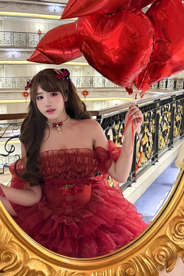 Red [Mousse Love Song] Sleeveless Multi-Layered Ruffled Hanayome Bow Sweet Lolita Dress - Product - 7