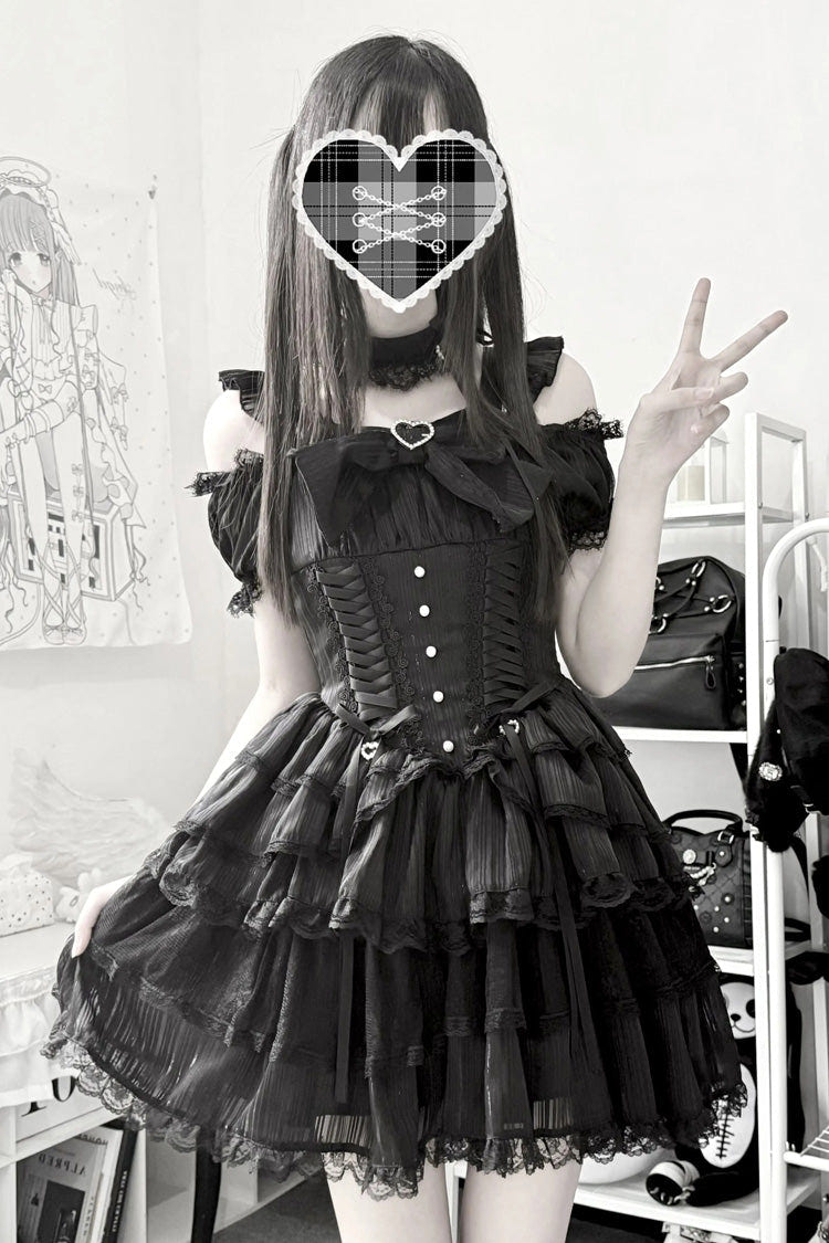 Black [Pearl Nocturne] Square Collar Flutter Sleeves Multi-Layered Printed Ruffled Bow Lace Gothic Japanese Lolita Dress - Black - 1