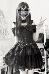 Black [Pearl Nocturne] Square Collar Flutter Sleeves Multi-Layered Printed Ruffled Bow Lace Gothic Japanese Lolita Dress - Black - 1