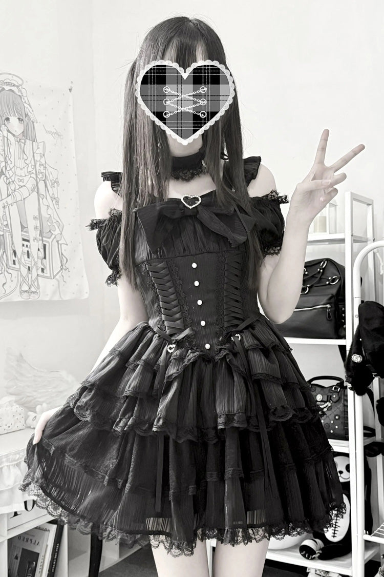 Black [Pearl Nocturne] Square Collar Flutter Sleeves Multi-Layered Printed Ruffled Bow Lace Gothic Japanese Lolita Dress - Black - 1