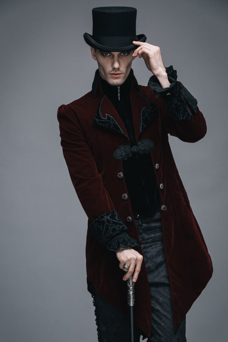 Wine Formal Party Turn Down Collar Long Sleeves Mens Gothic Swallowtail Coat - Product - 2