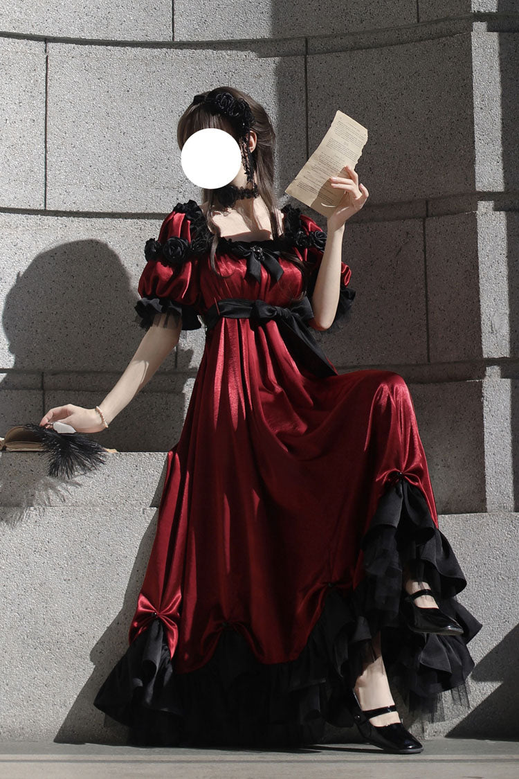 Red Square Collar Short Sleeves Ruffle Bowknot Sweet Regency-Style Vintage Lolita Dress - Product - 2