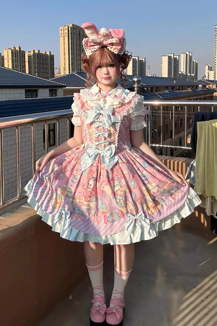 ピンク [Rainbow Buffy Bunny] ノースリーブ 二層 Ribbon ドール プリント フリル リボン スウィートロリータ ジャンパースカート（JSK） セット 商品画像