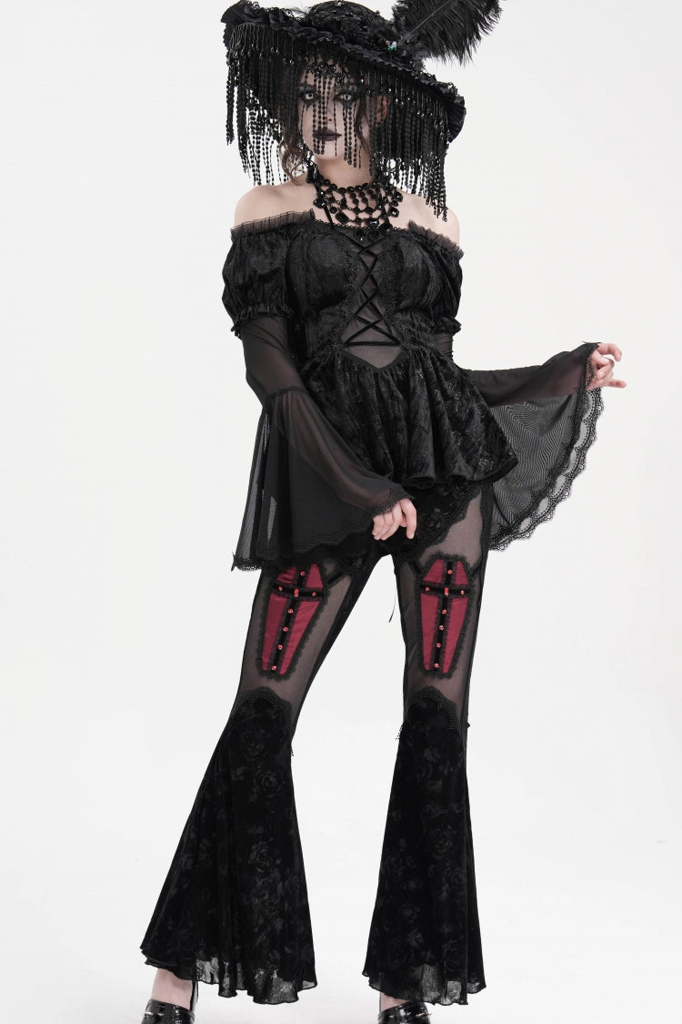 Black Halterneck Long Sleeves Hollow Lace-Up Mesh Women's Gothic Blouse - Product - 11