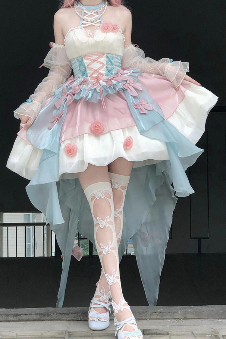 Pink/Blue [Camellia Covenant] Halterneck Ruffled Bow Lace Lace-Up Sweet Lolita Jsk Dress - Product - 8