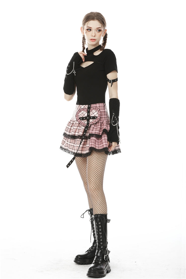 Pink Rock Heart Plaid Double-Layered Ruffled Women's Lolita Mini Skirt with Lace Hem - Product - 11