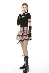 Pink Rock Heart Plaid Double-Layered Ruffled Women's Lolita Mini Skirt with Lace Hem - Product - 11
