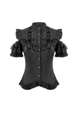 Black Mandarin Collar Cold‑Shoulder Puff Sleeves Ruffled Cut-Out Lace-Up Women's Gothic Blouse - Product - 3