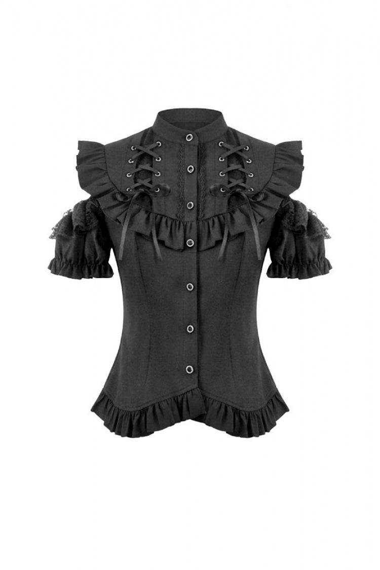 Black Mandarin Collar Cold‑Shoulder Puff Sleeves Ruffled Cut-Out Lace-Up Women's Gothic Blouse - Product - 3
