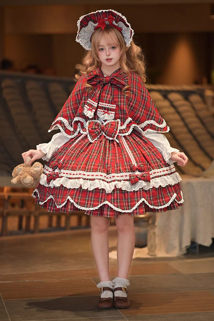 Red [Gingham Petal Bunny] Short Sleeves Printed Ruffled Bow Sweet Lolita OP Dress - Product - 8